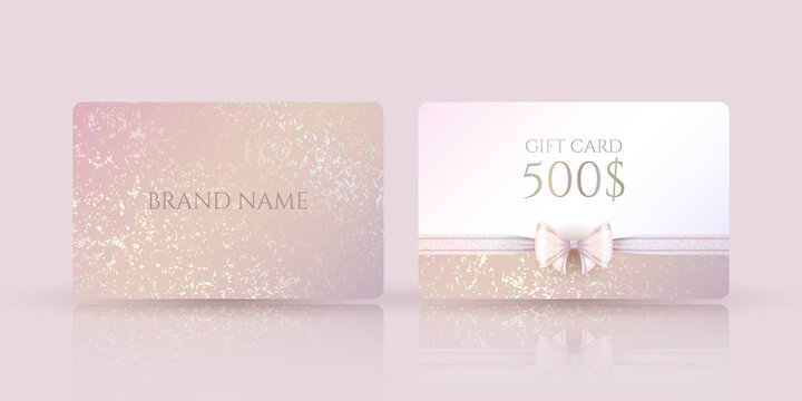 Vector shiny luxury gift card template in light soft pastel colors with golden spots, realistic glittering bow and a ribbon. Two-sided premium modern gradient layout with splash texture on a cover
