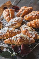 Almond croissant and tuna croissant sandwiches. Selective focus shot.