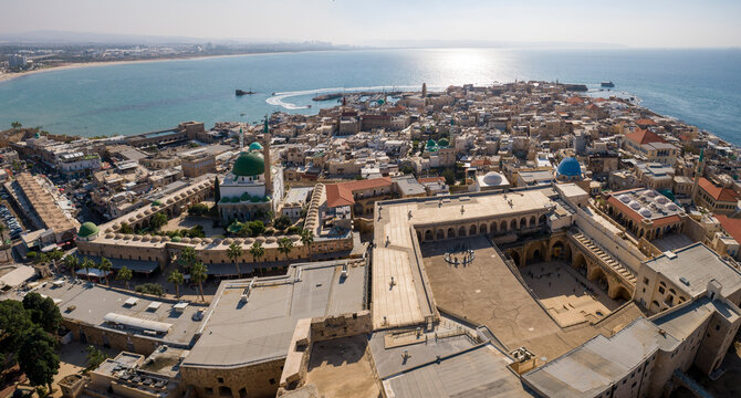 Aerial view of The Hospitaller Fortress, the Al-Jazzar Mosque and the rest of the old city, Old City of Acre, Israel.
