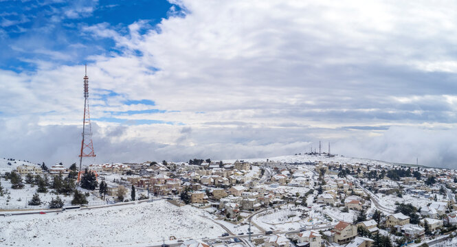 Aerial view of a communication tower near Sefat, Upper Galilee, Israel.
