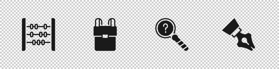 Set Abacus, School backpack, Unknown search and Fountain pen nib icon. Vector