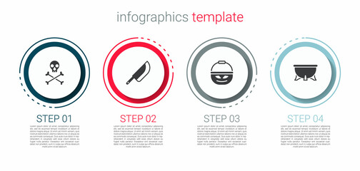 Set Skull on crossbones, Knife, Pumpkin basket for sweets and Halloween witch cauldron. Business infographic template. Vector