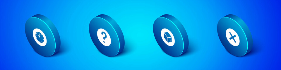 Set Isometric Clock, Carton cardboard box, X Mark, Cross in circle and Unknown search icon. Vector