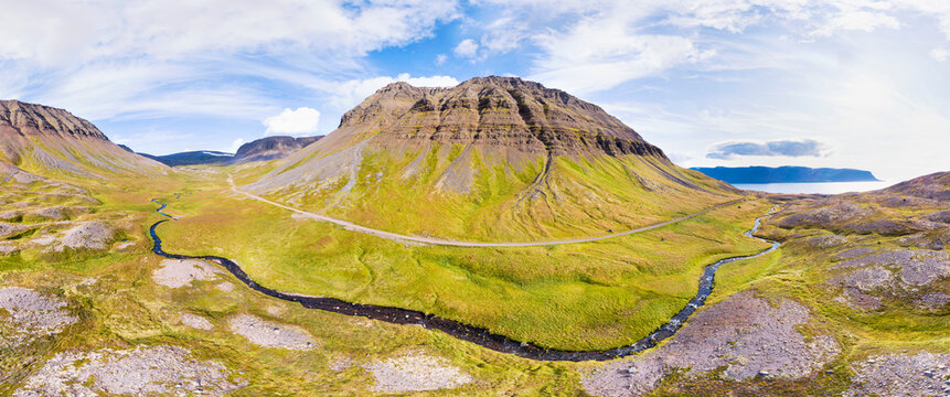 Aerial 270 degrees panorama of Gerdhamradalur valley and fjord Dyrafjordur, Westfjords, Iceland.