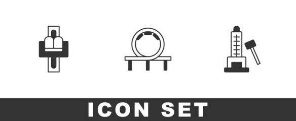 Set Attraction carousel, Roller coaster and Striker attraction with hammer icon. Vector