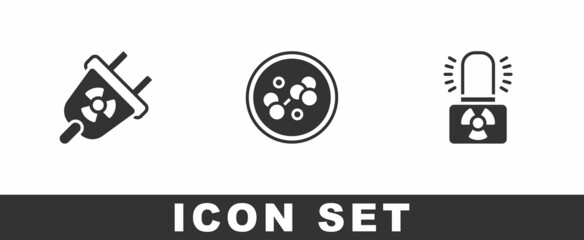 Set Radiation electrical plug, Molecule and Radioactive warning lamp icon. Vector