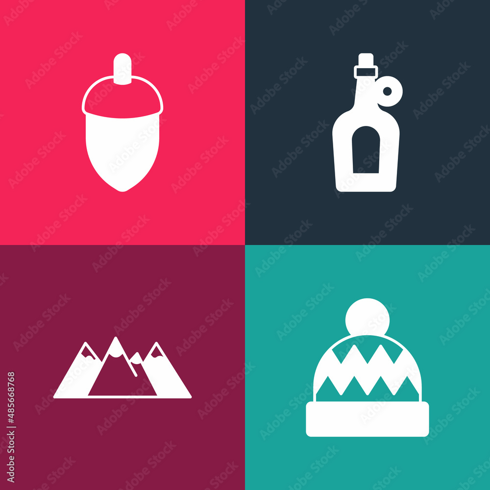 Sticker Set pop art Beanie hat, Mountains, Bottle of maple syrup and Acorn icon. Vector