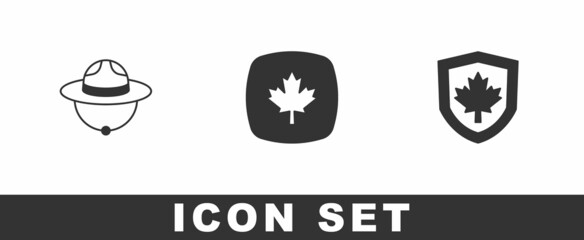 Set Canadian ranger hat, maple leaf and Canada flag on shield icon. Vector