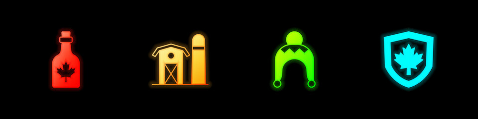 Set Bottle of maple syrup, Farm house, Winter hat and Canada flag on shield icon. Vector