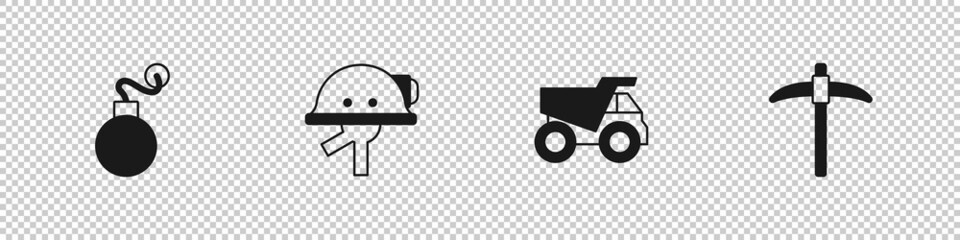 Set Bomb, Miner helmet, Mining dump truck and Pickaxe icon. Vector