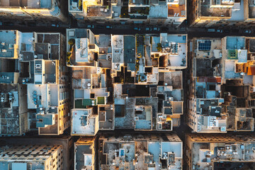 Aerial top down view of Valletta city rooftops, Valletta, Malta.