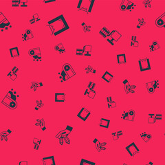 Set Gem stone, Mine entrance, Conveyor belt carrying coal and Handle detonator on seamless pattern. Vector