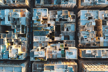 Aerial top down view of Valletta city rooftops, Valletta, Malta.