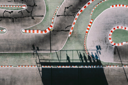 Aerial top down view of race track for radio model cars, Valletta, Malta.