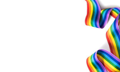 Colorful rainbow ribbon border design. LGBT colourful corner design, isolated on white background. Gay pride design. Curly, waving ribbon or banner with flag of LGBTQ pride border.  - obrazy, fototapety, plakaty