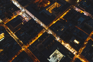 Aerial top down view of Valletta neighbourhood in night time, Malta.