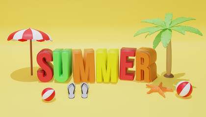 Fototapeta na wymiar 3d rendering of colorful summer 3d text, there are two beach balls, sepang sendal, starfish, and others, suitable for your con