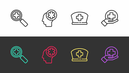 Set line Magnifying glass for search medical, Male head with hospital, Nurse hat cross and Cross on black and white. Vector