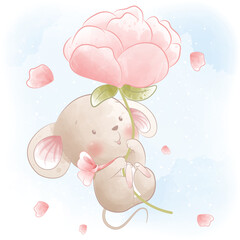 Cute mouse holding flower and flying cartoon illustration