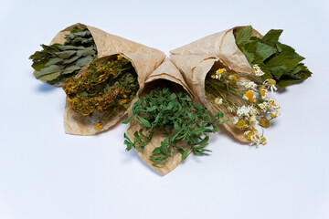 A bunch of dried medicinal herbs in sachets on a white isolated background. Chamomile, thyme, wild rose, currant, St. John's wort for tea. Alternative medicine