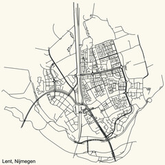 Detailed navigation black lines urban street roads map of the LENT NEIGHBORHOOD of the Dutch regional capital city Nijmegen, Netherlands on vintage beige background