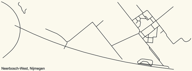 Detailed navigation black lines urban street roads map of the NEERBOSCH-WEST NEIGHBORHOOD of the Dutch regional capital city Nijmegen, Netherlands on vintage beige background