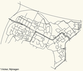 Detailed navigation black lines urban street roads map of the 'T ACKER NEIGHBORHOOD of the Dutch regional capital city Nijmegen, Netherlands on vintage beige background