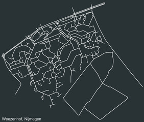 Detailed negative navigation white lines urban street roads map of the WEEZENHOF NEIGHBORHOOD of the Dutch regional capital city Nijmegen, Netherlands on dark gray background