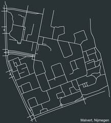 Detailed negative navigation white lines urban street roads map of the MALVERT NEIGHBORHOOD of the Dutch regional capital city Nijmegen, Netherlands on dark gray background