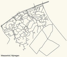 Detailed navigation black lines urban street roads map of the WEEZENHOF NEIGHBORHOOD of the Dutch regional capital city Nijmegen, Netherlands on vintage beige background