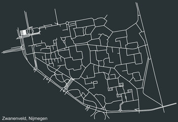Detailed negative navigation white lines urban street roads map of the ZWANENVELD NEIGHBORHOOD of the Dutch regional capital city Nijmegen, Netherlands on dark gray background