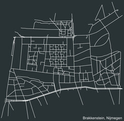 Detailed negative navigation white lines urban street roads map of the BRAKKENSTEIN NEIGHBORHOOD of the Dutch regional capital city Nijmegen, Netherlands on dark gray background