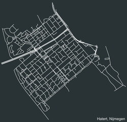 Detailed negative navigation white lines urban street roads map of the HATERT NEIGHBORHOOD of the Dutch regional capital city Nijmegen, Netherlands on dark gray background