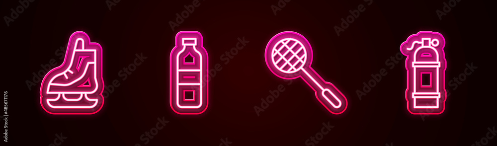 Sticker Set line Skates, Bottle of water, Tennis racket and Aqualung. Glowing neon icon. Vector