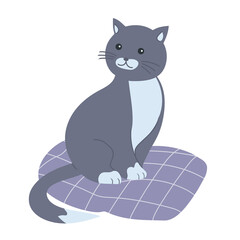 Cartoon cute gray cat on a pillow. Home pet. Vector isolated illustration