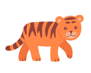 Obraz na płótnie Canvas Cute striped tiger cub on a white background. Wild cat animal. Vector isolated childish cartoon illustration