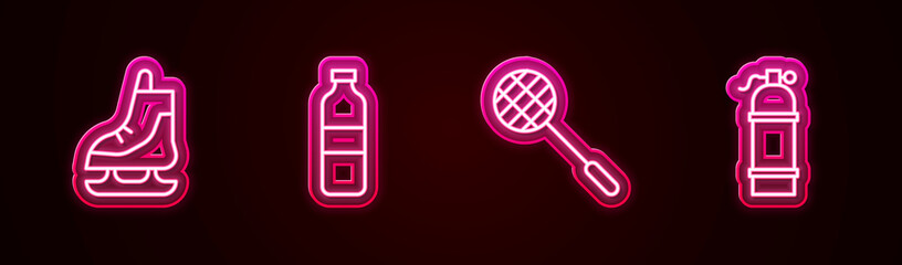 Set line Skates, Bottle of water, Tennis racket and Aqualung. Glowing neon icon. Vector