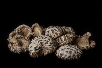 Dried premium shiitake mushrooms, isolated on black background. Japanese and Asian dehydrated food.  Used in Chinese cooking and other Asian cuisines.