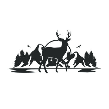Deer Animal Illustration Clip Art Design Shape. Mountain Scene Silhouette Icon Vector.