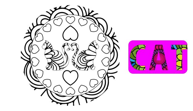 Coloring book page with floral pattern cat