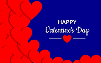 Valentine's day modern poster design. Greeting horizontal stylish card with red hearts on a blue background in paper cut style. 