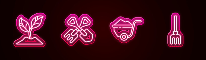 Set line Plant, Shovel and rake, Wheelbarrow with dirt and Garden. Glowing neon icon. Vector