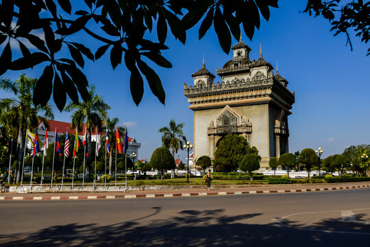 triumphal arch in madrid spain, digital photo picture as a background , taken in Patuxai laos, asia , taken in Sisaket temple , luang prabang, laos, asia