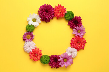 Frame made with beautiful chrysanthemum flowers  on yellow background, flat lay. Space for text