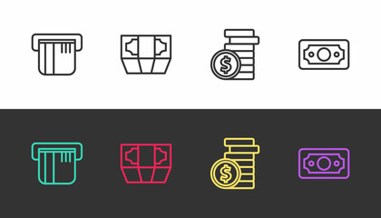Set line Credit card, Stacks paper money cash, Coin with dollar and on black and white. Vector
