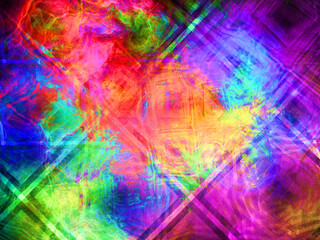 Digitale psychedelische kunstcompositie bestaande uit zwarte loodrechte lijnen overschaduwd door lichtgevende gekleurde vlekken die een rooster vormen dat wordt verdund met schurende vloeistof.