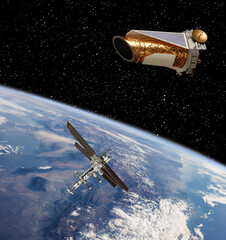 Different spacecrafts. Earth from space. The elements of this image furnished by NASA.