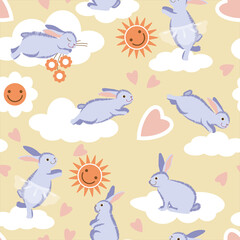 seamless pattern with rabbits ,clouds,suns and hearts.