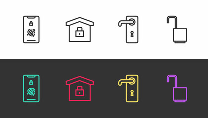 Set line Mobile with fingerprint scan, House under protection, Door handle and Open padlock on black and white. Vector
