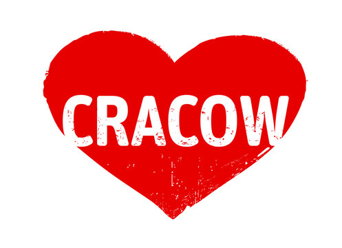 Red grunge Heart stamp. I love Cracow. Vector outline Illustration.  